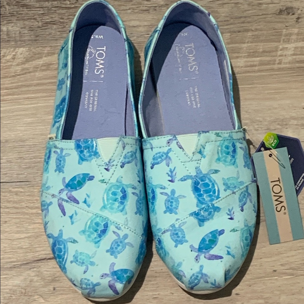 NWT Toms Alpargata Light Aqua Watercolor Sea Turtles Canvas Slip-On Size 8.5
